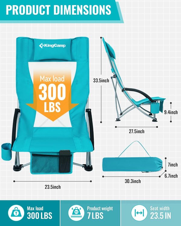 KingCamp Low Beach Chairs, Portable Folding Chair for Adults Extra Wide Ergonomic High Back Seat 300lbs Heavy Duty Lightweight Oversized Gear with Carry Bag for Outdoor Lawn Camping Picnic - Image 2