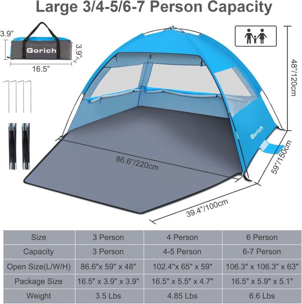 Gorich Beach Tent Sun Shelter for 3/4-5/6-7/8-10 Person with UPF 50＋ UV Protection, Lightweight & Easy Setup Beach Shade Canopy, Portable Beach Shade Tent Beach Cabana - Image 38