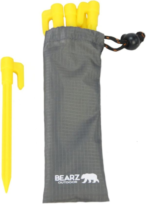 Plastic Stakes by BEARZ Outdoor. Small Tarp Stakes/ Tent Spikes for Sand, Lawn, Beach Blankets. Compact & Lightweight Tent Pegs with an Anchor. Safety Yellow (5.9″ Pack of 4)