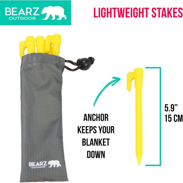 Plastic Stakes by BEARZ Outdoor. Small Tarp Stakes/ Tent Spikes for Sand, Lawn, Beach Blankets. Compact & Lightweight Tent Pegs with an Anchor. Safety Yellow (5.9″ Pack of 4) - Image 3
