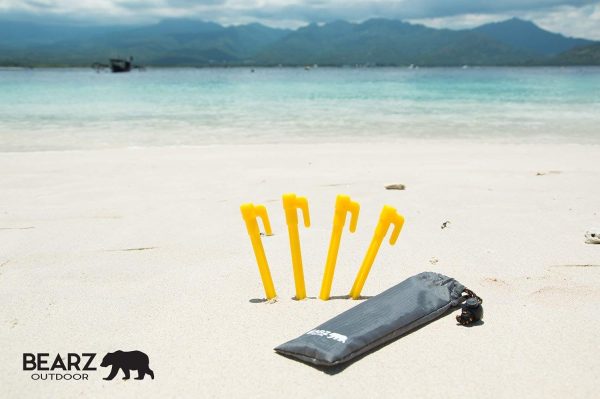 Plastic Stakes by BEARZ Outdoor. Small Tarp Stakes/ Tent Spikes for Sand, Lawn, Beach Blankets. Compact & Lightweight Tent Pegs with an Anchor. Safety Yellow (5.9″ Pack of 4) - Image 4